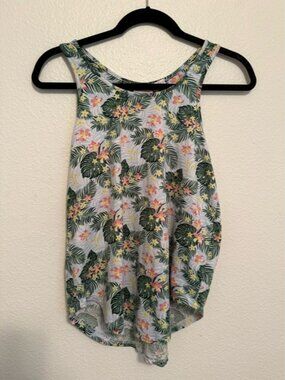 Size S Tommy Bahama White Tank Top with Green Palm & Pink Floral Print